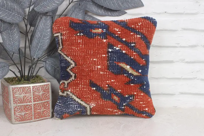 Throw Kilim Pillow, Pillow Cover, Boho Pillow Sham Cover, Turkish Kilim Pillow, Garden Pillow Sham, 12x12 Red Cushion Case - 1