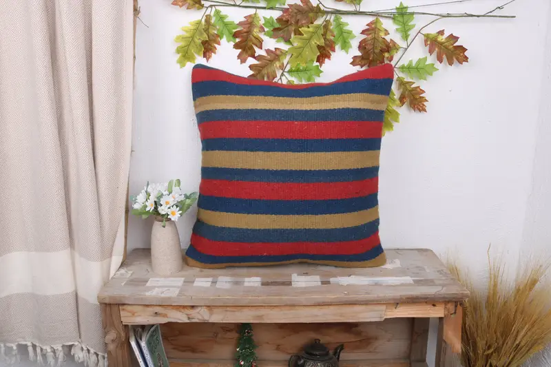 Cushion Cover, 20x20 Blue Cushion Case, Bolster Throw Cushion Cover, Boho Pillow Sham Cover, Vintage Kilim Throw Pillow, Turkish Kilim Pillow - 1