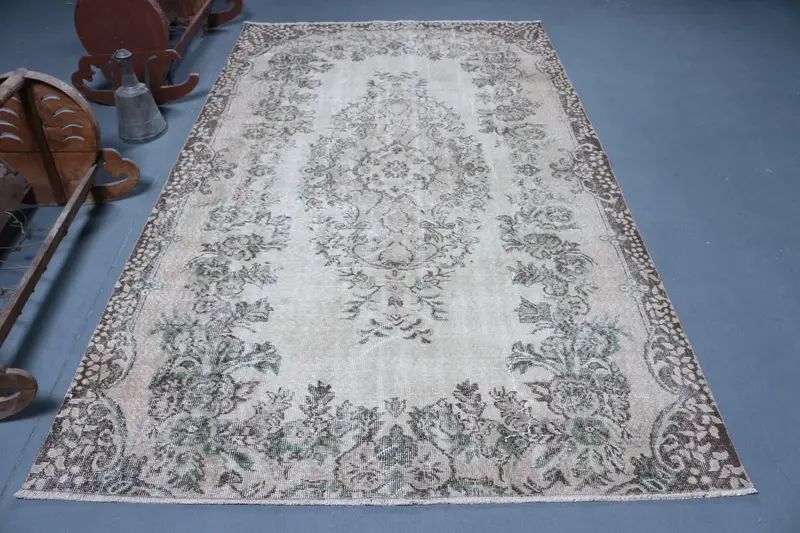 Türk Büyük Halı 5.5x9.4 ft, Vintage Oushak Gri Güneybatı Yün Halı - 1