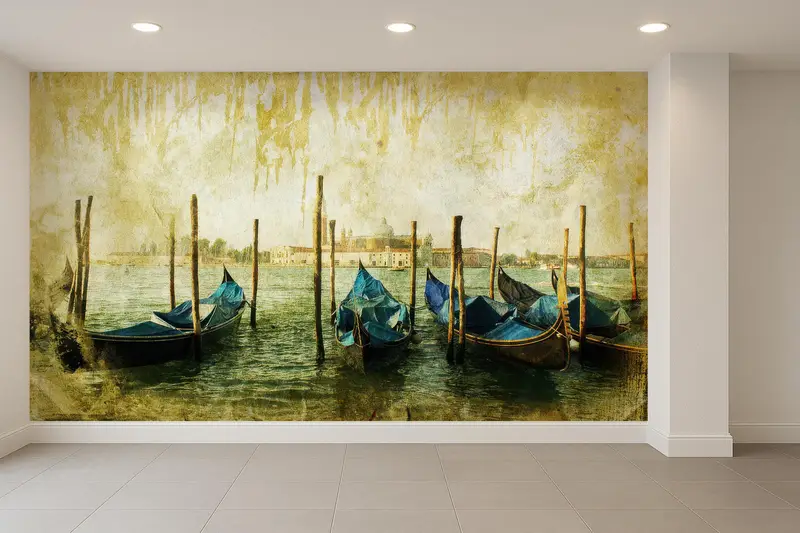 Elegante bedruckte Tapete mit italienischer Bootslandschaft – modernes abstraktes Design