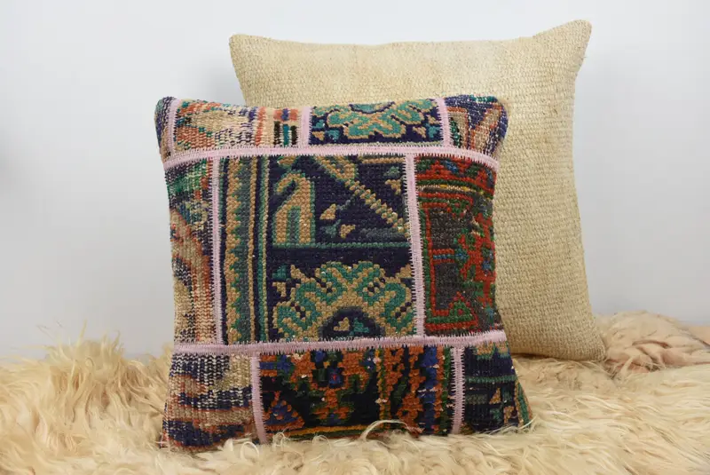 Boho Pillow Sham Cover, 16x16 Blue Pillow Case, Pillow for Couch, Interior Designer Pillow, Pastel Cushion, Cushion, Ethnic Pillow Cover Pillow Sham - 6