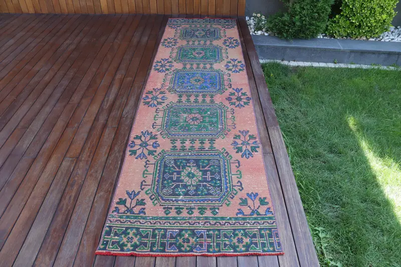 Alfombra Oushak vintage de 2,7x10,6 pies, alfombra turca, alfombra de lana de camuflaje rojo - 1
