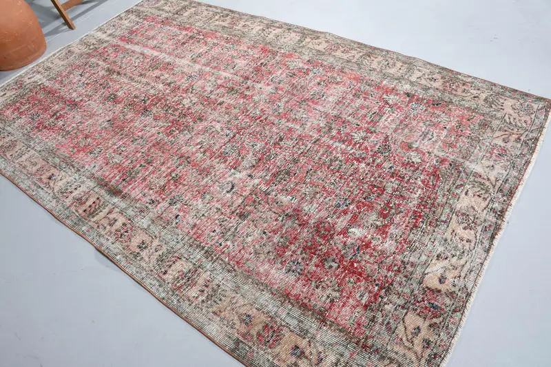Vintage Türk Büyük Halı 5.4x8.6 ft, Kırmızı Mavi Ombré Yün Halı - 1