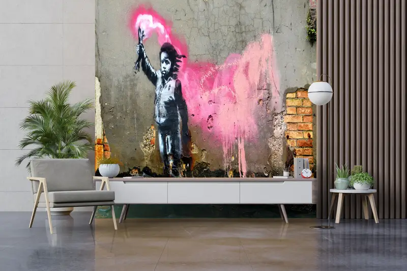 Abstract Wall Print, Wall Paper Peel and Stick, Custom Wall Paper, Modern Wall Paper, Banksy Migrant Child, Migrant Child Wall Poster, - 1