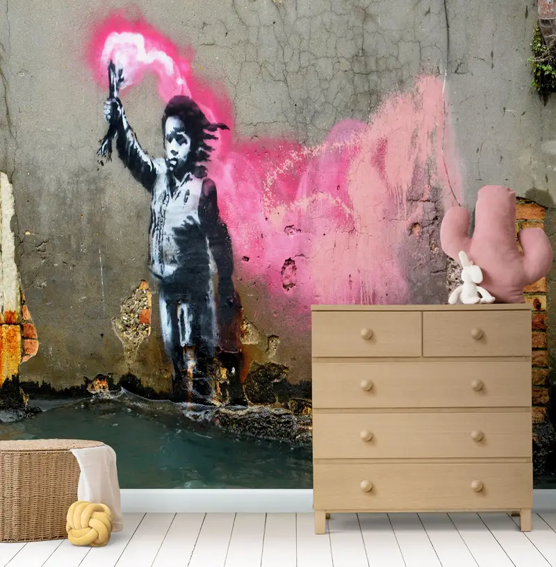 Abstract Wall Print, Wall Paper Peel and Stick, Custom Wall Paper, Modern Wall Paper, Banksy Migrant Child, Migrant Child Wall Poster, - 2