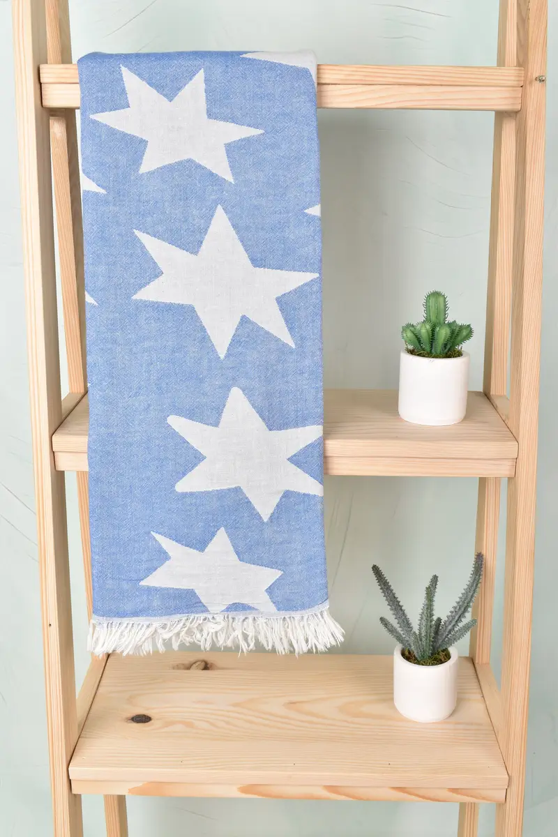 Organic Cotton Linen Blue Star Patterned Towel, 36x67 Inches