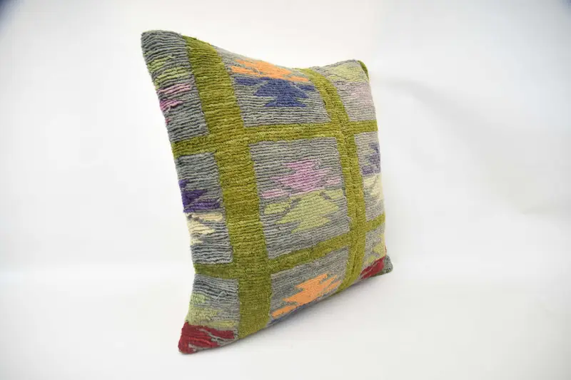 Kilim Pillow, Vintage Kilim Pillow, Pillow Case, Authentic Pillow, Gift Pillow, Traditional Pillow Cover, 24x24 Green Pillow Case - 2