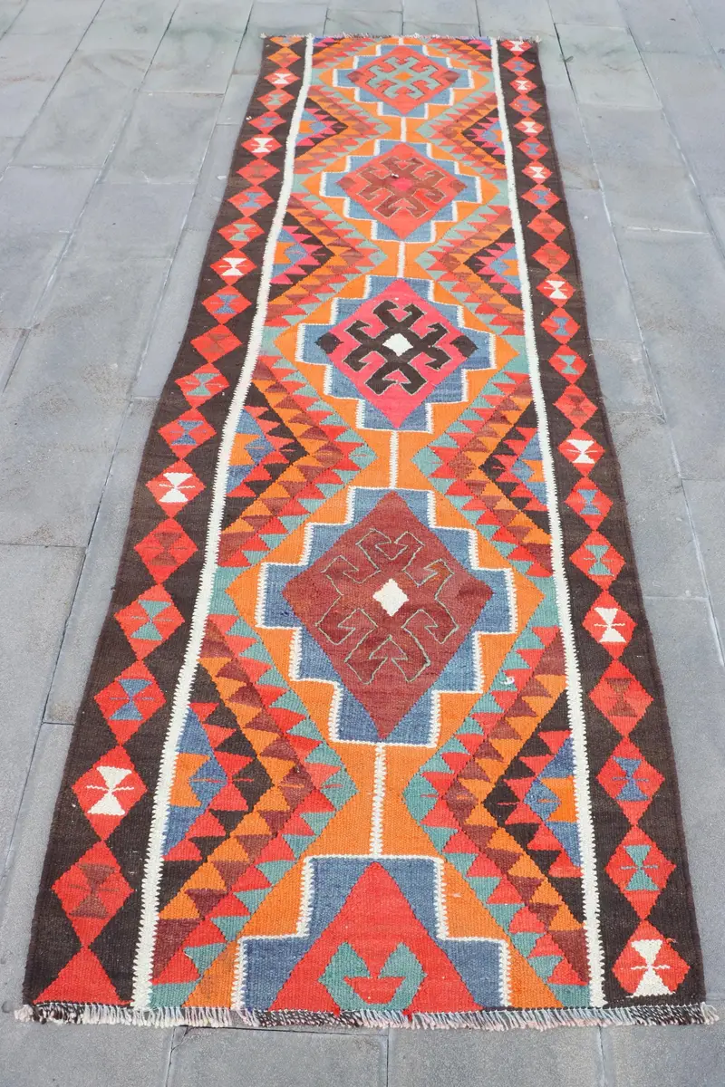 Turuncu ve Kahverengi Halı, 3,3x10,7 ft Botanik Tasarım