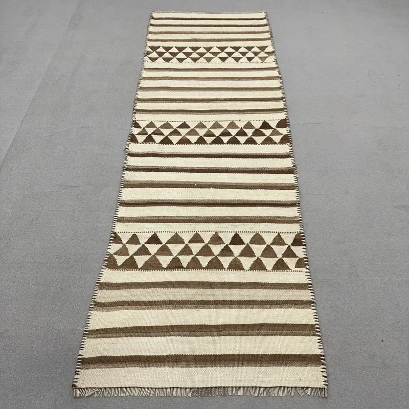 3.2x9.4 ft Türk Halısı, Vintage Yolluk Halısı, Kahverengi Beyaz Çiçekli Yün Halı - 1