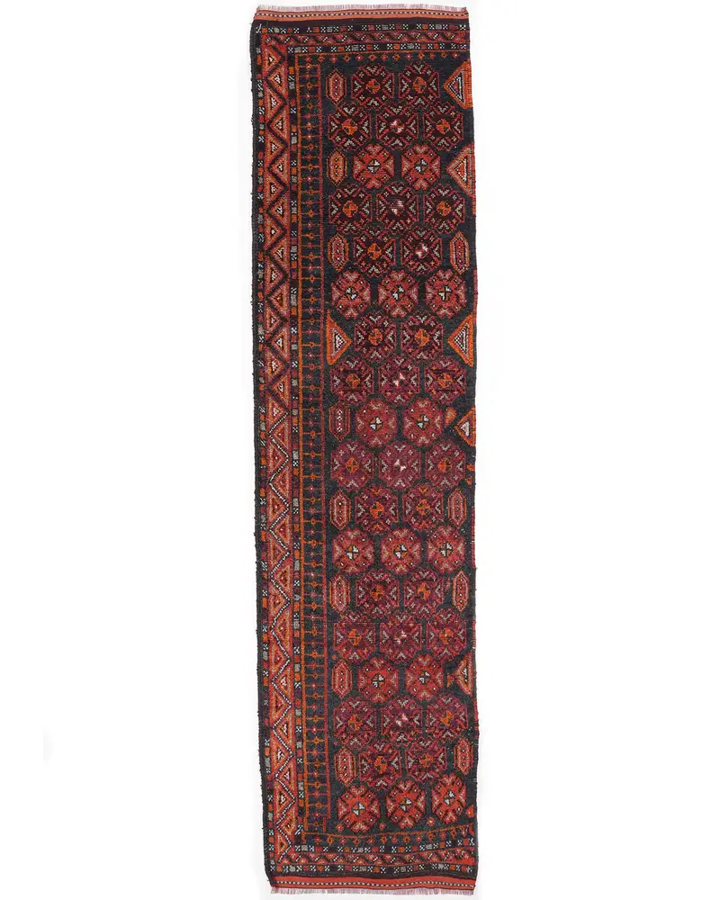 Turuncu ve Siyah Halı, 3,1x12 ft Geometrik Çiçek Desenli