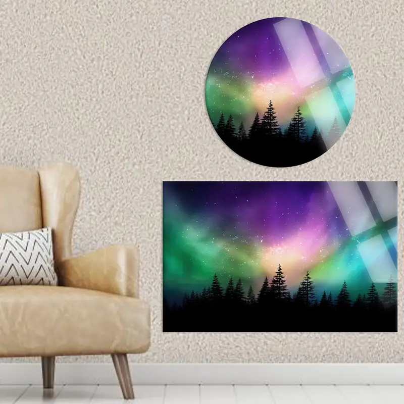 魅惑的なオーロラの光の森のシルエット プリント キャンバス