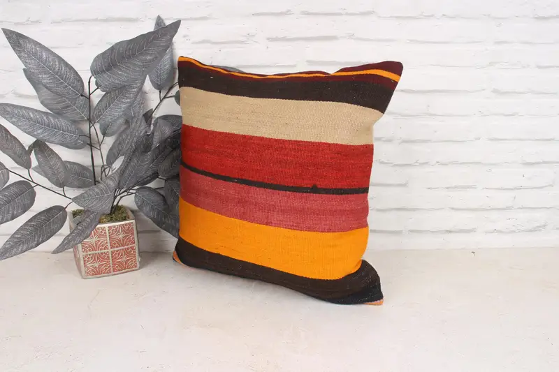 Pillow Sham, Kilim Pillow, Anatolian Cushion Case, Throw Kilim Pillow, Boho Pillow, Farmhouse Cushion, Bright Pillow, 18x18 Brown Cushion Cover - 4