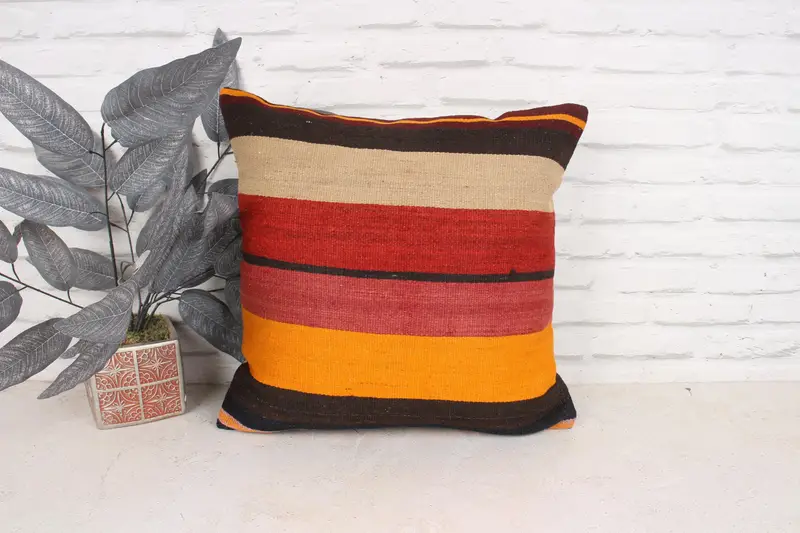 Pillow Sham, Kilim Pillow, Anatolian Cushion Case, Throw Kilim Pillow, Boho Pillow, Farmhouse Cushion, Bright Pillow, 18x18 Brown Cushion Cover - 1