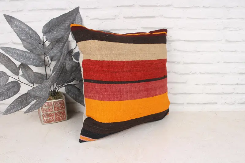 Pillow Sham, Kilim Pillow, Anatolian Cushion Case, Throw Kilim Pillow, Boho Pillow, Farmhouse Cushion, Bright Pillow, 18x18 Brown Cushion Cover - 3