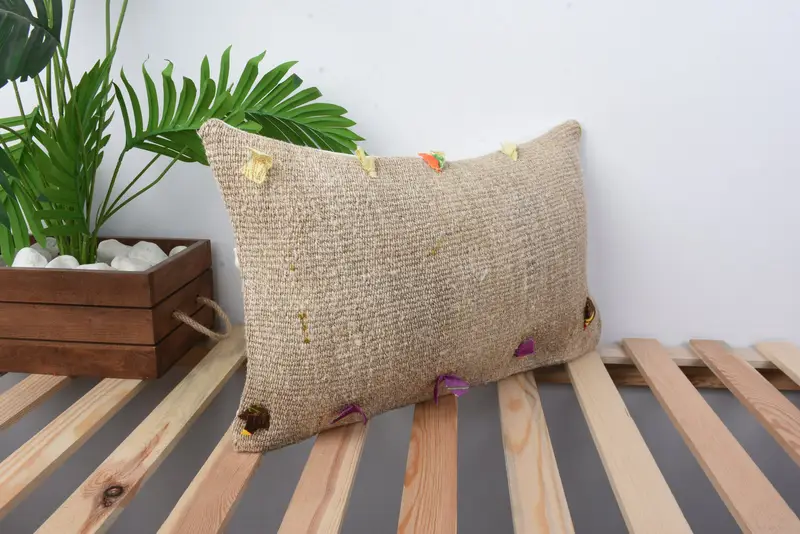 Wool Kilim Pillow Pillow Case, Pillow for Sofa, Gift Pillow, Vintage Pillow Cover, Handmade Kilim Cushion, Cushion Cover, 12x20 Beige Pillow - 4