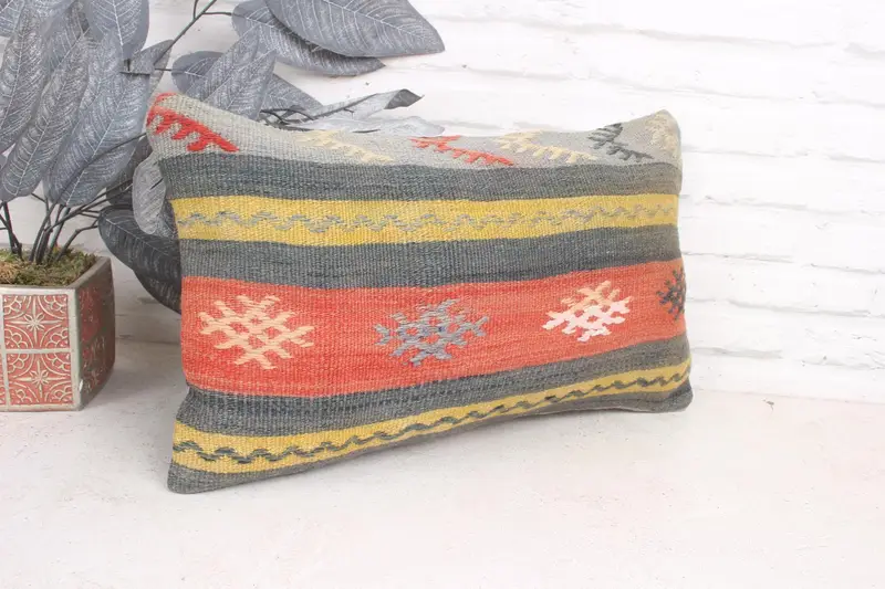 Ethnical Kilim Rug Pillow, Handmade Cushion Case, 12x20 Red Cushion Case, Boho Pillow, Luxury Pillow, Pillow for Couch, Pillow Case - 3