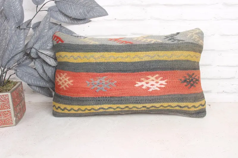Ethnical Kilim Rug Pillow, Handmade Cushion Case, 12x20 Red Cushion Case, Boho Pillow, Luxury Pillow, Pillow for Couch, Pillow Case - 1