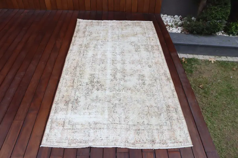 Turkish Area Rug 3.7x6.6 ft, White Brown Check Rug Wool - 1