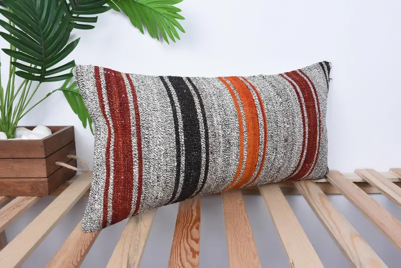 Meditation Cushion Case, Ethnical Kilim Rug Pillow, Interior Designer Pillow, Vintage Pillow, 12x24 Orange Pillow Sham, Pillow Case - 4
