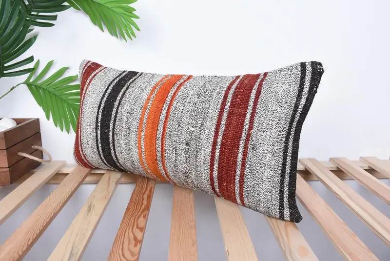 Meditation Cushion Case, Ethnical Kilim Rug Pillow, Interior Designer Pillow, Vintage Pillow, 12x24 Orange Pillow Sham, Pillow Case - 5