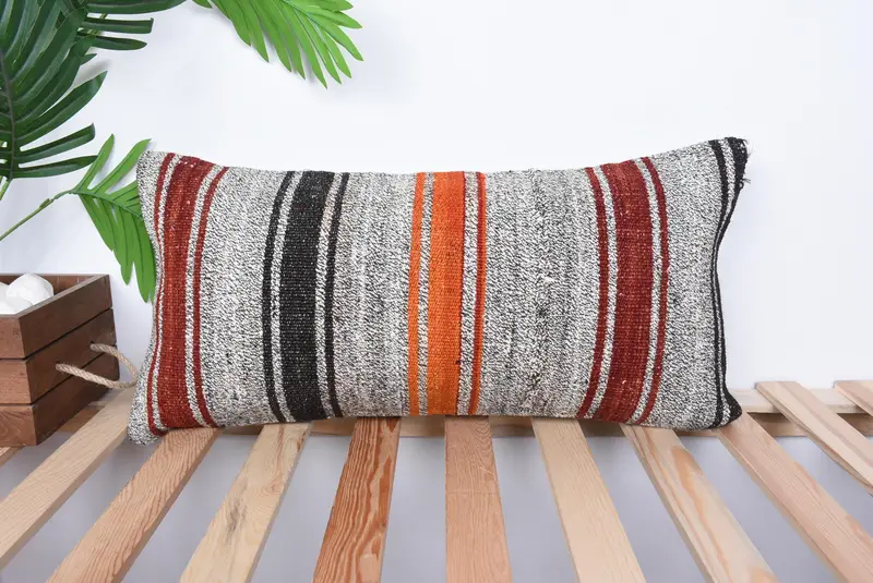 Meditation Cushion Case, Ethnical Kilim Rug Pillow, Interior Designer Pillow, Vintage Pillow, 12x24 Orange Pillow Sham, Pillow Case - 1