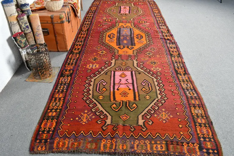 Vintage Rug, 4.7x12.9 ft Runner Rug, Red Southwestern Wool Turkish Rug - 1