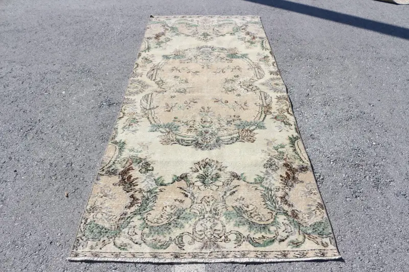 Vintage Rug, Area 3.8x9.1 ft Turkish Rug, Green Brown Solid Wool Rug - 1