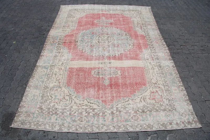 Vintage Oushak Halı 7,2x10,5 ft (219x321 cm), Kırmızı Fas Türk Halısı - 1