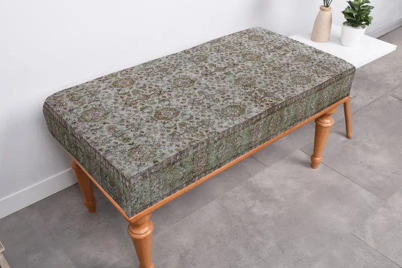 長方形キリム風プーフ、ブルー & グリーン ウール プーフ