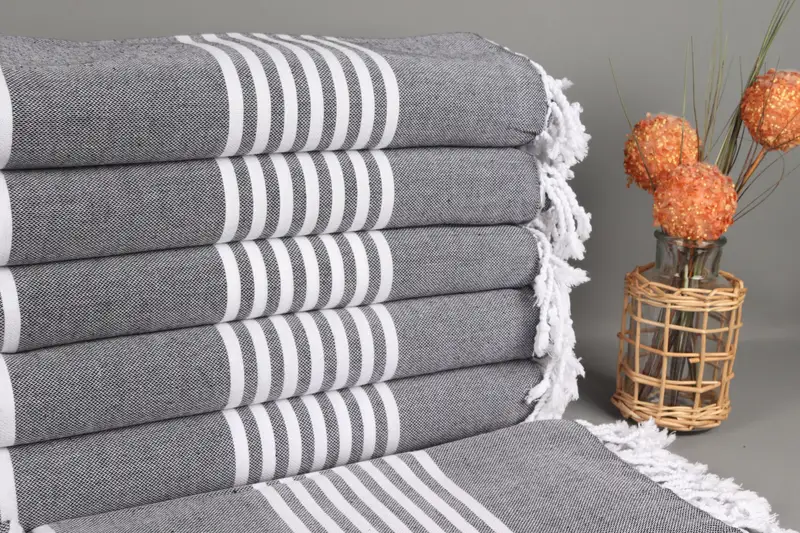 Monogram Beach Towel Black Striped Organic Cotton, 40x67 Inches