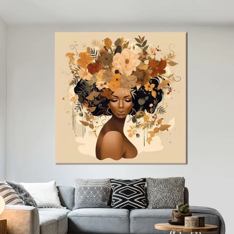 African Woman Art, Flower Canvas Art Decor, Soft Tones Art, Boho Canvas Art Decor, Home Decor Canvas Art, Minimal Art Decor, Modern Art - 1
