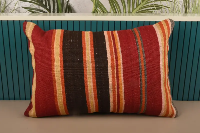 Vintage Wool Red Pillowcase, Striped Antique 16x24 inch Pillow - 1