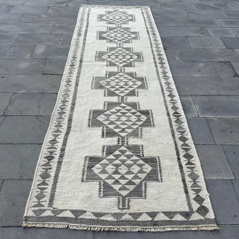 Vintage Runner Rug 3.7x11.2 ft, Turkish Herki White Bordered Wool Rug - 1
