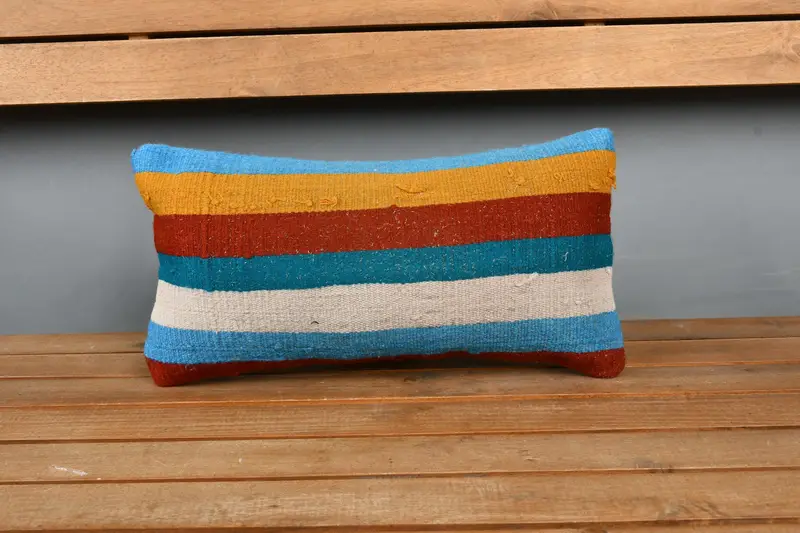 Boho Pillow Sham Cover, Pillow, Bed Pillow Sham, Turkish Kilim Pillow, Traditional Pillow, 8x16 Blue Cushion Cover, Ethnical Kilim Rug Pillow - 6