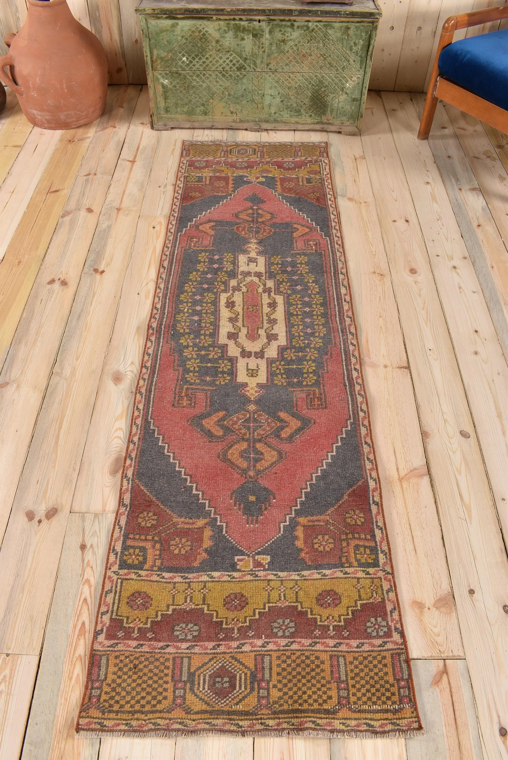 Turkish Runner Rug 2.1x7.1 ft (63x216 cm), Vintage Red Polka dot Wool Rug - 1