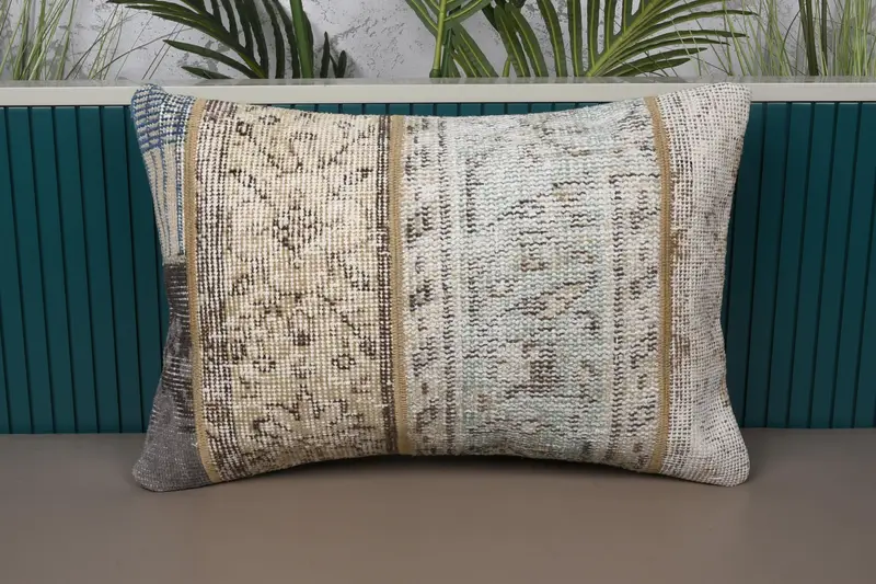 Bej & Kahverengi Patchwork Kırlent, El Yapımı Nakışlı Kırlent