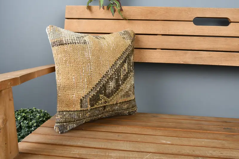 Turkish Kilim Pillow, Kilim Cushion Sham, Patio Pillow, Pillow Cover, Shabby Chic Cushion, 14x14 Yellow Pillow Case, Kilim Pillow - 1