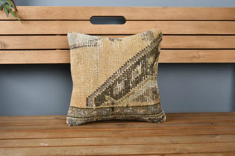 Turkish Kilim Pillow, Kilim Cushion Sham, Patio Pillow, Pillow Cover, Shabby Chic Cushion, 14x14 Yellow Pillow Case, Kilim Pillow - 6