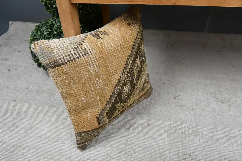 Turkish Kilim Pillow, Kilim Cushion Sham, Patio Pillow, Pillow Cover, Shabby Chic Cushion, 14x14 Yellow Pillow Case, Kilim Pillow - 7