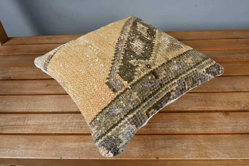 Turkish Kilim Pillow, Kilim Cushion Sham, Patio Pillow, Pillow Cover, Shabby Chic Cushion, 14x14 Yellow Pillow Case, Kilim Pillow - 2
