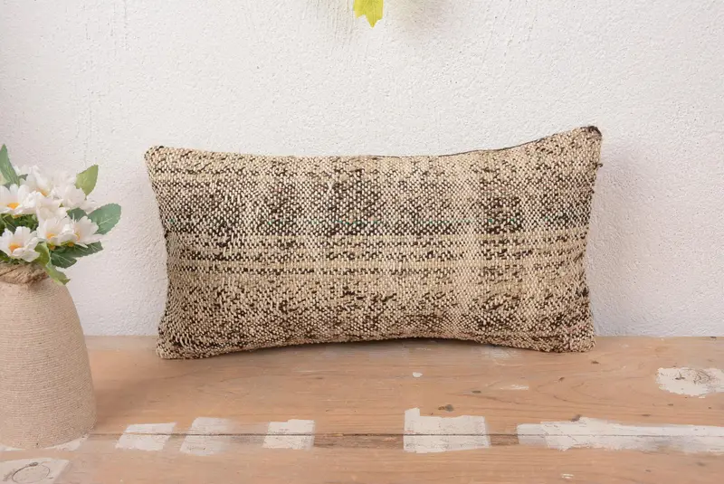 Brown & Beige Striped Throw Pillow, Vintage Embroidered Cushion