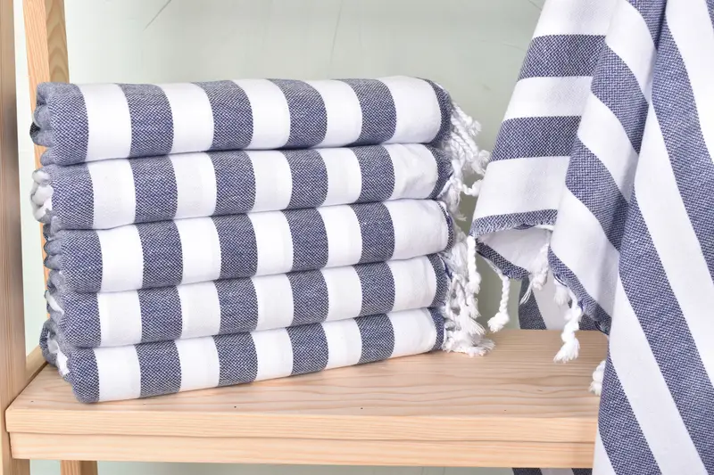 Custom Beach Towel Navy Striped Organic Cotton/Linen, 36x67 Inches