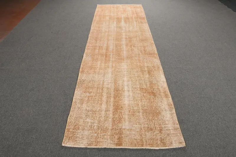 Vintage Rug, 3x10 ft Runner Turkish Rug, Oushak Brown White Check Rug - 1