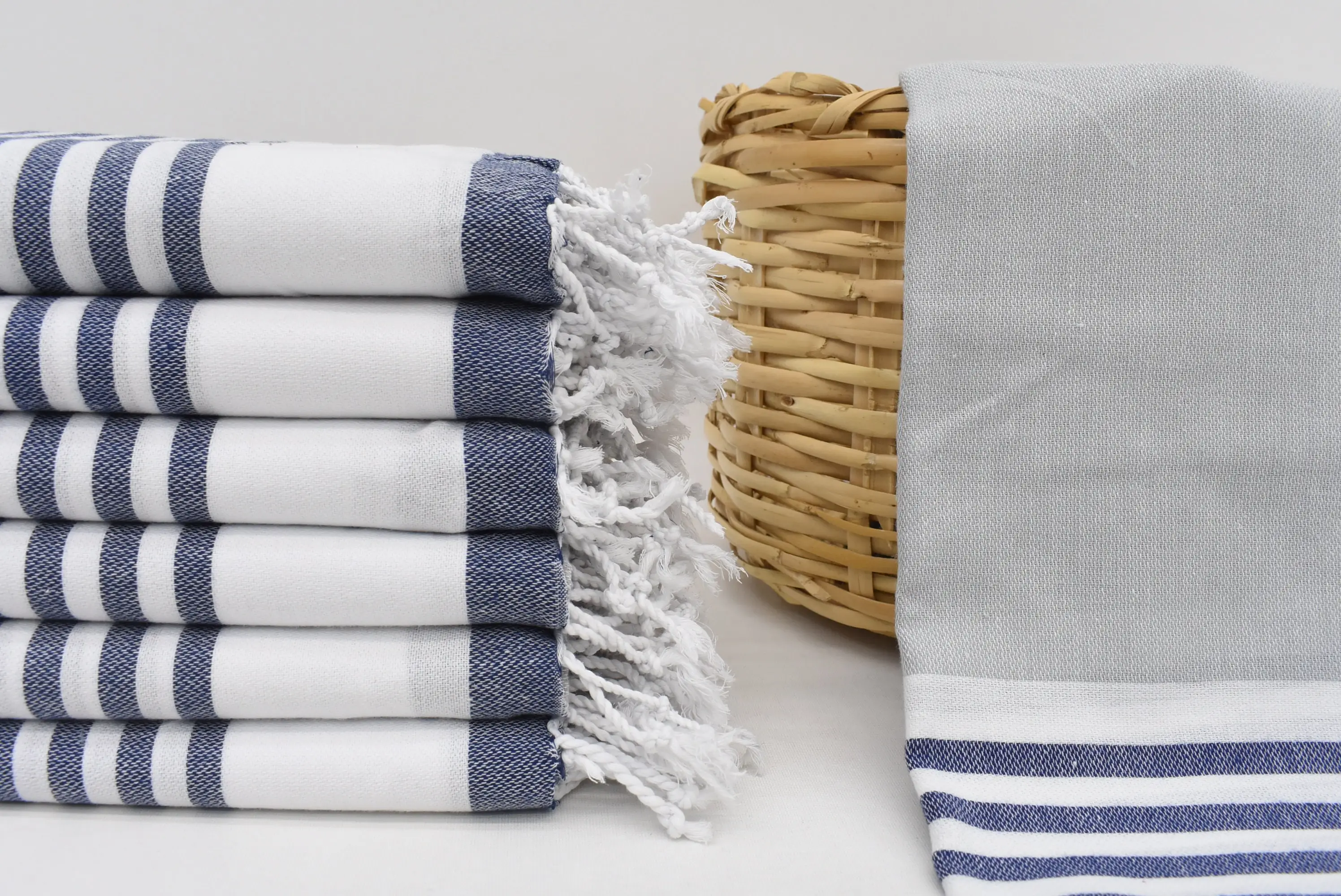 Monogrammed Turkish Cotton Navy Blue-Gray Stripe Towel, 70x40 Inches - 1