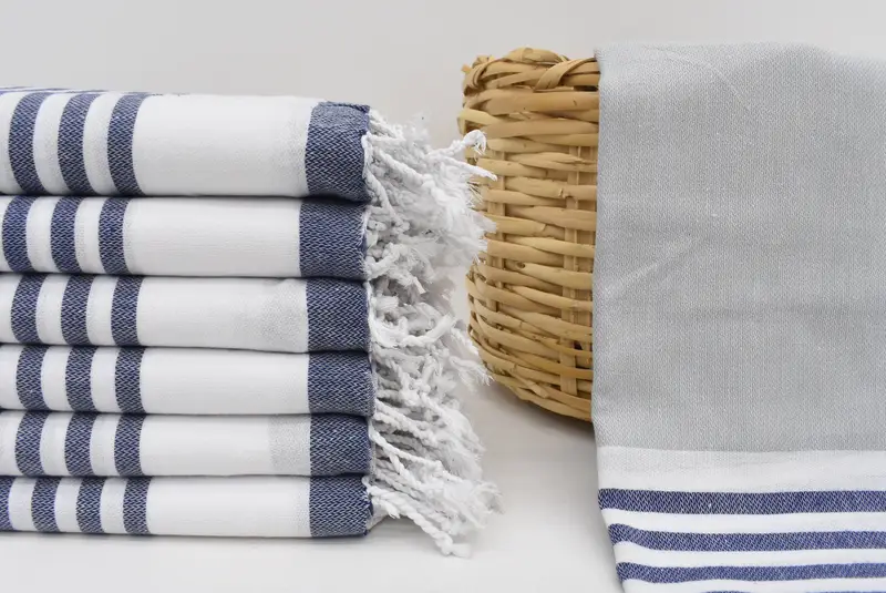 Monogrammed Turkish Cotton Navy Blue-Gray Stripe Towel, 70x40 Inches