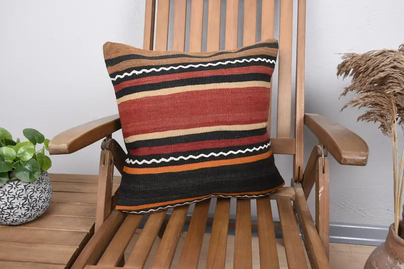 Throw Black Square Cushion Cover, Striped Antique 18x18 inch Pillow - 1