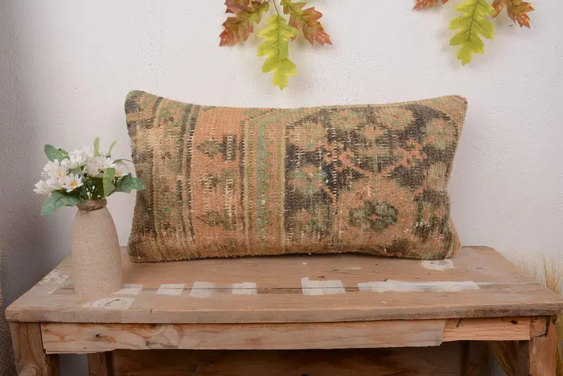 Orange & Bronze Floral Linen Throw Pillow, 12x24 Handmade Cushion
