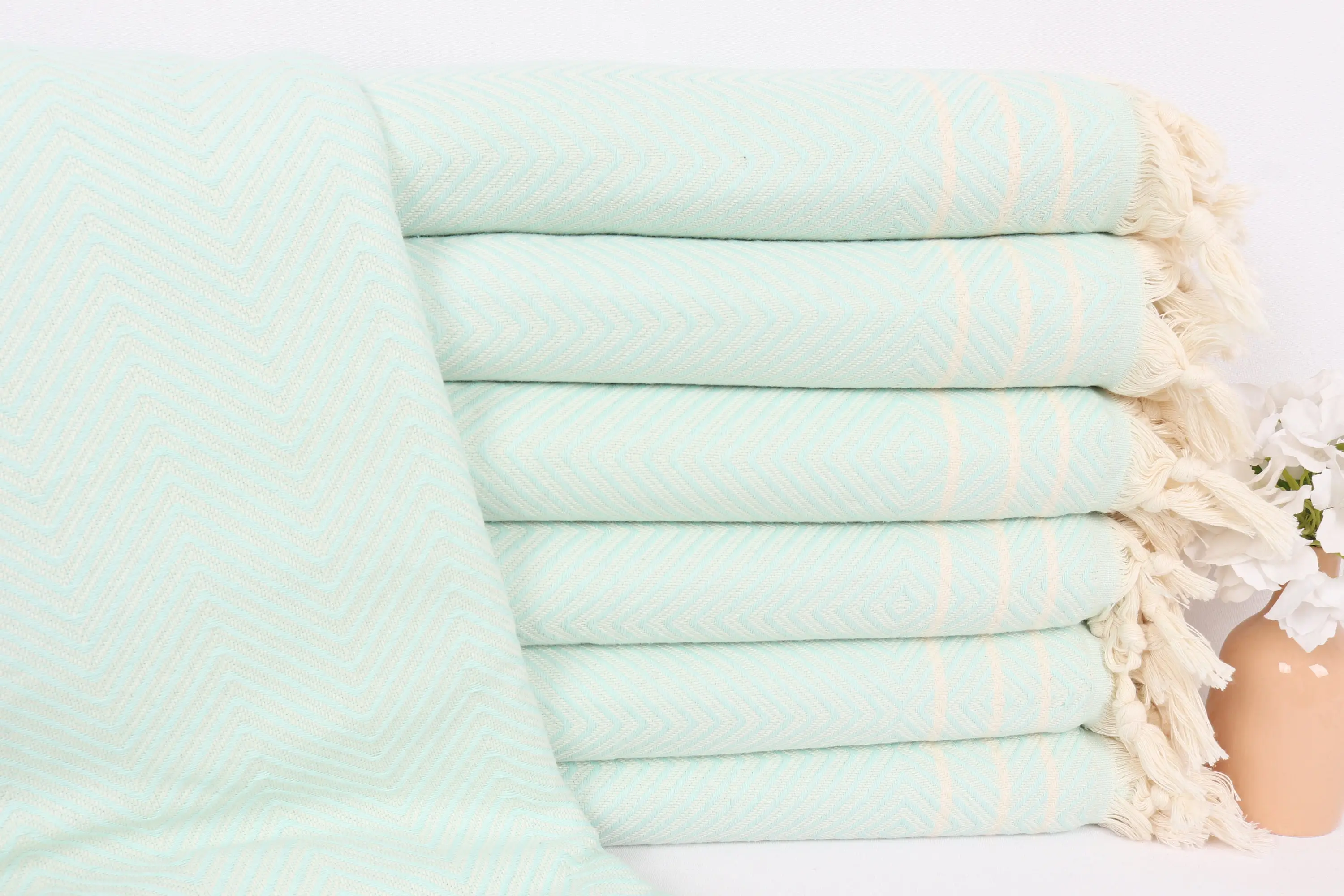 Diamond Decorative Mint Cotton Blanket, Striped Pattern, 71x95 Inches - 1