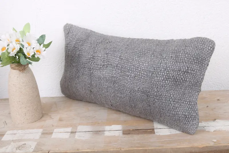 Pillow for Sofa, Farmhouse Pillow Cover, Pillow Sham, Boho Pillow, Handmade Kilim Cushion, 8x16 Gray Pillow, Pattern Throw Cushion - 4