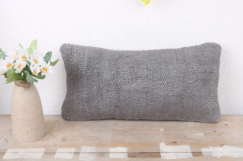 Pillow for Sofa, Farmhouse Pillow Cover, Pillow Sham, Boho Pillow, Handmade Kilim Cushion, 8x16 Gray Pillow, Pattern Throw Cushion - 2